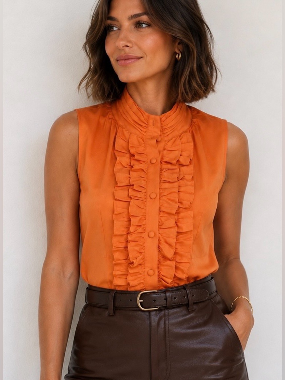 Arden B Orange Ruffled Sleeveless Blouse
